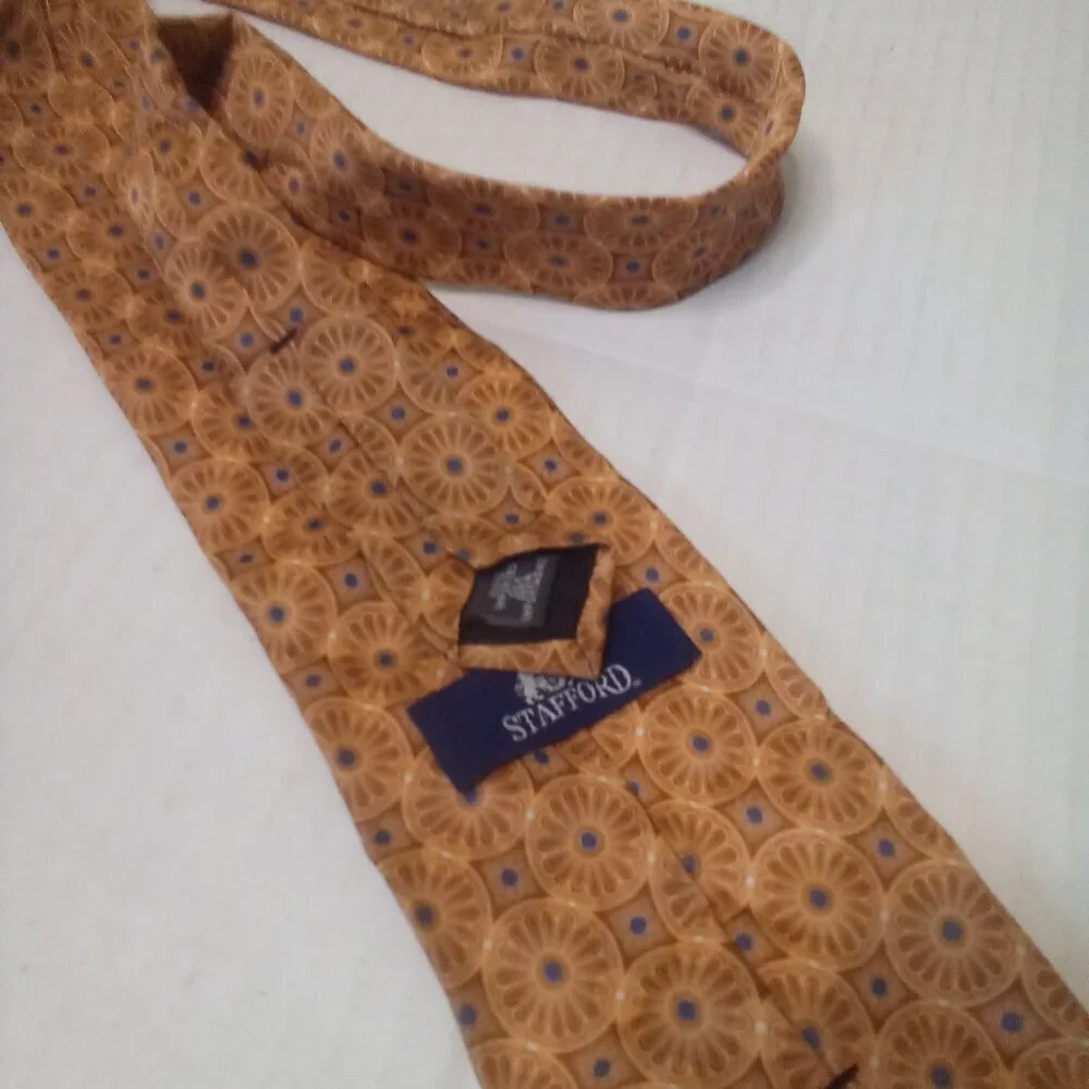 Stafford Tie Necktie Men 100% Silk Pattern Orange Tan Blue